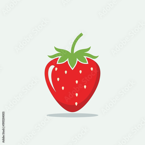 A ripe strawberry with green leaves and white seeds on a plain surface viewed from the front