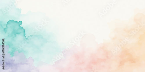 Abstract watercolor background of a beautiful blue sky with fluffy white clouds featuring a vintage paper texture and bright summer sunlight for a serene nature atmosphere