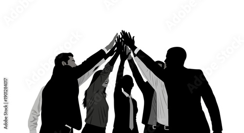 Silhouette illustration depicting a diverse team of professionals celebrating a major success by joining hands high above their heads in unified triumph