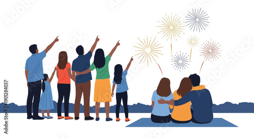 Diverse family groups stand and sit together watching a vibrant, colorful fireworks display illuminating the night sky celebration
