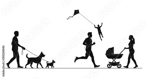 Black silhouette figures illustrate diverse outdoor recreational activities including dog walking, jogging with headphones, flying a kite, and pushing a baby stroller.