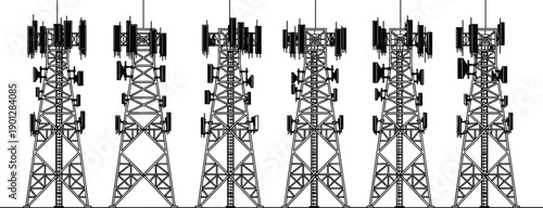 Telecommunication tower vector collection featuring radio and mobile network antenna silhouettes in black flat style for wireless technology infrastructure design projects