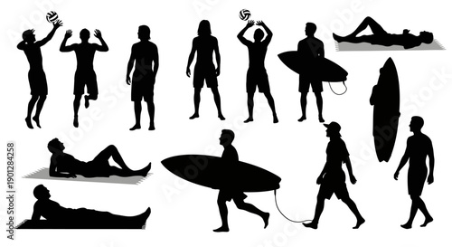 Collection of diverse black silhouette icons depicting men engaging in beach activities like surfing, volleyball, and relaxing under the sun