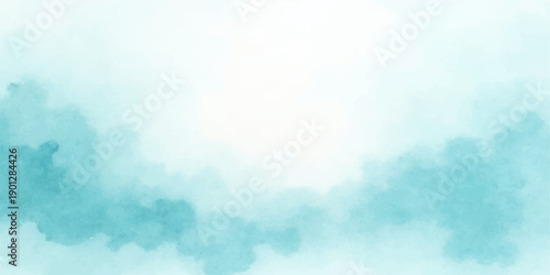 An abstract blue watercolor background with splashes depicts a beautiful sunlit sky filled with fluffy white clouds in a bright summer heaven atmosphere