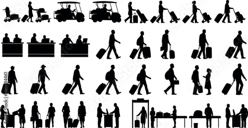 Airport Travel Silhouettes Collection Featuring Passengers with Luggage Check-in Desks Security Scanners and Transport Carts Vector Illustration for Tourism Design