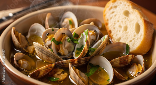 Delicious Steamed Clams with Herbs and Broth Served in a Rustic Bowl with a Slice of Crusty Bread.