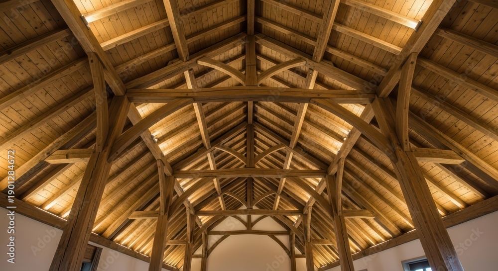 Obraz premium Architectural detail of wooden timber roof with exposed beams and symmetrical design in warm lighting