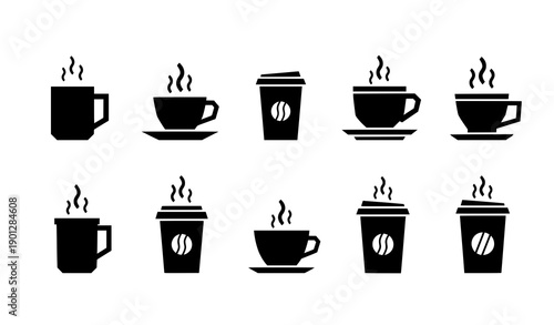 Modern geometric coffee cup silhouette icon set for hot drinks cafe and takeaway branding