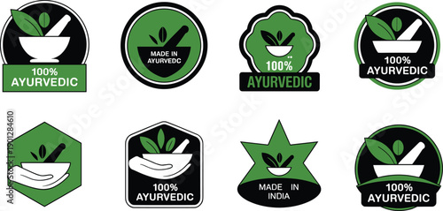 Collection of Ayurvedic logos with mortar, pestle, and leaves, symbolizing herbal medicine, eco-friendly health, and natural healing branding