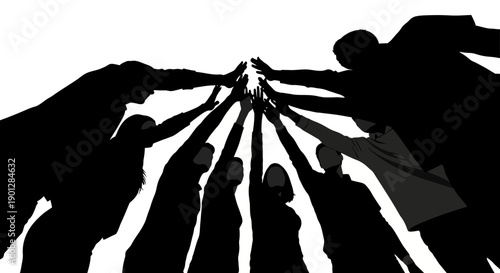 Silhouette of a diverse group of people reaching their hands up together in a powerful gesture symbolizing unity, collaboration, and shared achievement against a bright background.