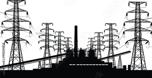 Electric power transmission vector illustration featuring high voltage towers and industrial plant silhouettes in black flat style for energy infrastructure design