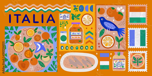 A vibrant italian themed collage featuring fruits birds and postal stamps