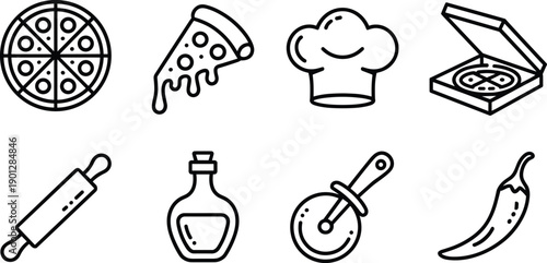 Collection of pizza and cooking icons including whole pizza, slice, chef hat, box, rolling pin, cutter, bottle, chili pepper