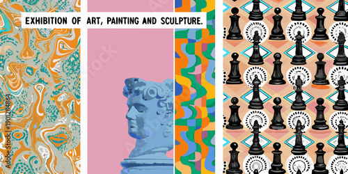 Colorful art exhibition poster featuring abstract patterns a bust and chess pieces