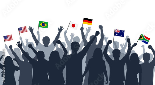Diverse crowd silhouette cheers enthusiastically while proudly waving national flags representing the USA, Brazil, Japan, Germany, Australia, and South Africa during an exciting global event.