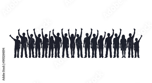 A diverse group of diverse people is shown in a stark black silhouette, all standing together with one arm enthusiastically raised upwards in celebration or agreement.