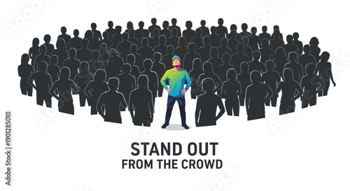 A uniquely colored, confident individual stands prominently in the center, intentionally distinguishing themselves from the surrounding sea of dark, indistinguishable silhouette figures.