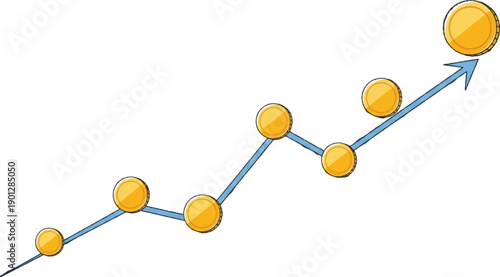Vector upward trend line chart with golden coins, growth graph, financial success, business progress, 