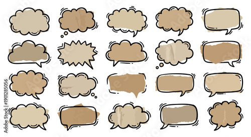 Hand drawn doodle speech bubbles set with brown paper textures and messy sketch outlines. A vector illustration collection for creating comics, scrapbooking layouts, and social media posts.