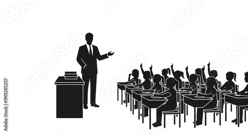 Silhouette of a professional male teacher standing by a desk while engaged in an interactive classroom session with many students raising their hands.