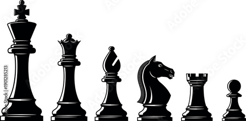 Black chess pieces silhouette set isolated on white background including king queen bishop knight rook and pawn figures for strategy games