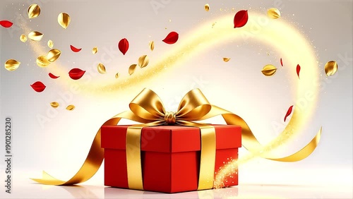 Magical celebration gift box with golden light trail and particles