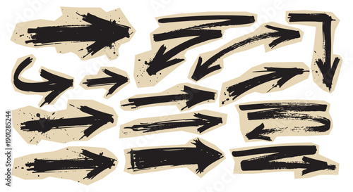 Grunge arrow set with hand drawn black marker strokes and paint textures on torn paper. A vector illustration collection for creating graffiti art, urban designs, and creative projects.
