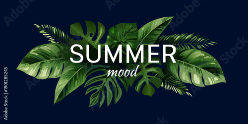Tropical leaves and summer typography create a vibrant refreshing aesthetic design