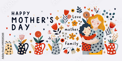 Happy mother s day illustration featuring a mother and child with flowers