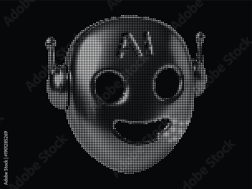 AI robot head icon in a shiny, metallic 3D and pixel art style. A vector illustration of a futuristic cyborg face for creating concepts of artificial intelligence and technology.
