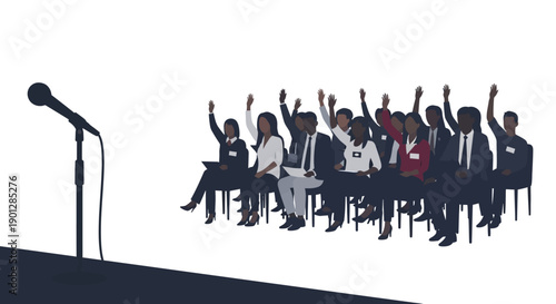 Diverse group of professionals seated attentively with hands raised, eagerly participating in a seminar, conference, or engaging Q&A session before a presentation microphone.