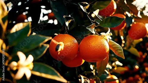 Cinematic sun-drenched orange grove during harvest season