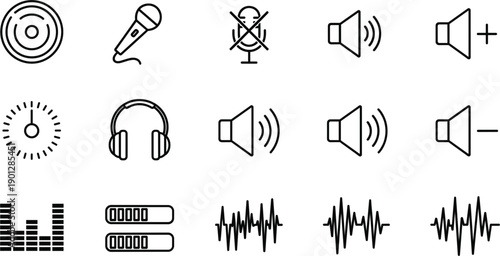 Professional Audio and Sound Engineering Icon Set featuring Microphones, Headphones, Volume Controls, Speaker Symbols, and Waveform Graphics for Music Production and Podcast Apps