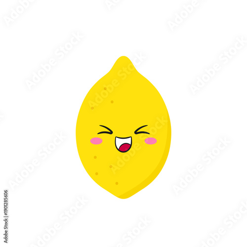 Lemon smiling, cute citrus fruit, fun cartoon character, happy face, emotions joy delight, kawaii style, icon vector children's illustration.