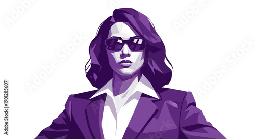 Powerful Businesswoman in Purple Suit and Sunglasses: Stylish Geometric Pop Art Vector Illustration, Portrait of Confidence and Success