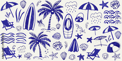 Blue sketches of summer beach umbrellas surfboards palm trees and seashells