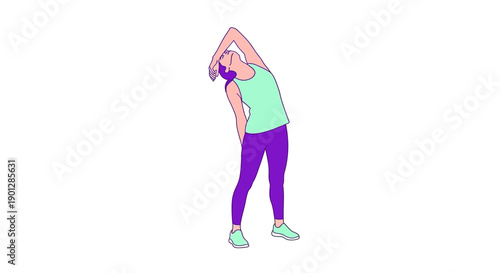 Fitness Woman Doing Standing Side Bend Stretch. Yoga Warm-Up or Cool-Down Exercise. Vector Illustration for Wellness and Flexibility.