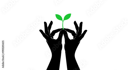 Minimalist Silhouette Hands Protecting Green Sprout. Vector Icon Symbolizing Ecology, Growth, Sustainability, and New Life on White Background.