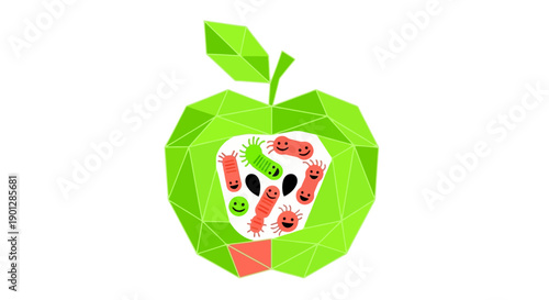 Conceptual Geometric Apple Containing Friendly Probiotics and Gut Microbes Illustration on White