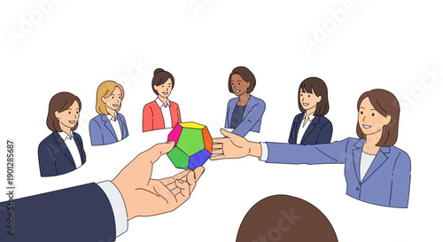 Diverse Business Team Passing Complex Geometric Strategy Shape. Concept of Collaboration, Project Handover, and Strategic Problem Solving.