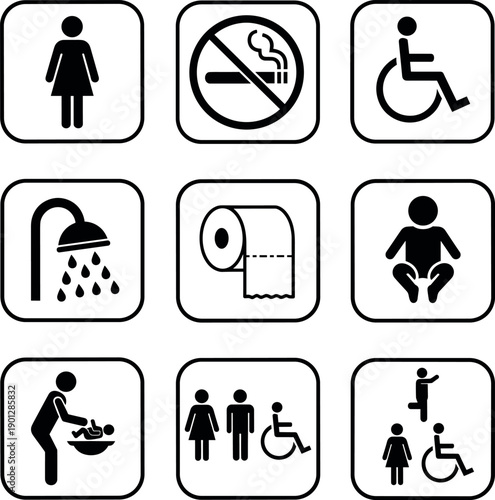 Universal public restroom and facility icon set including female, no smoking, handicap access, shower, toilet paper, baby care station, and family icons.
