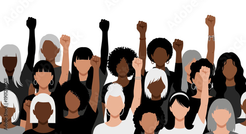 Diverse group of women with raised fists demonstrate solidarity and collective strength in a powerful visual representation of activism and sisterhood.