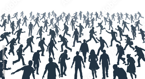 A densely packed multitude of anonymous human silhouettes rushes forward in a dynamic, chaotic mass illustrating urgent crowd movement and large-scale population activity.
