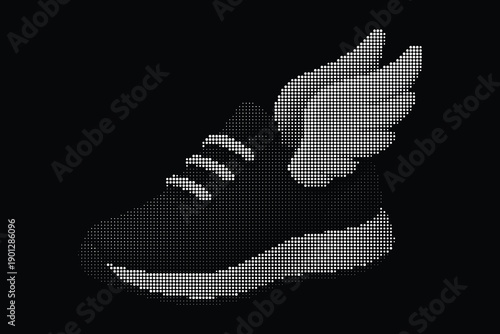 Winged shoe icon in a simple black and white pixel art style. A vector illustration of a running sneaker with wings for creating logos, game assets, and concepts of speed and delivery.