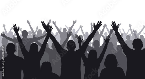 Silhouettes of a large, energetic crowd with arms raised high creating an atmosphere of excitement and massive celebration at an event.