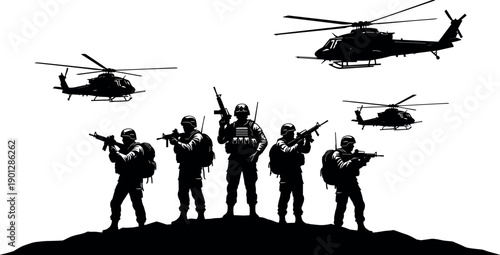 Military Soldiers Silhouette Vector with Helicopters Flying Over Infantry Squad for Army Combat, War, and Tactical Operation Backgrounds
