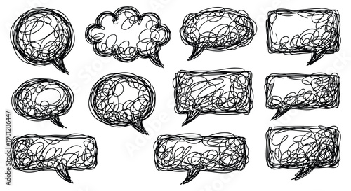 Hand drawn scribble speech bubbles set in a messy and chaotic black and white doodle style. A vector illustration collection for creating comics, social media posts and communication concepts.