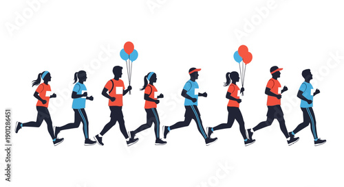 Diverse silhouettes of marathon runners, joggers, and participants happily moving forward together during a celebratory road race event