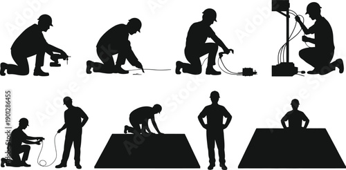 Black silhouettes of people working on construction sites and with tools