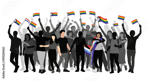 Diverse group of people celebrate LGBTQ pride events holding rainbow and progress flags high above their heads in unity and solidarity